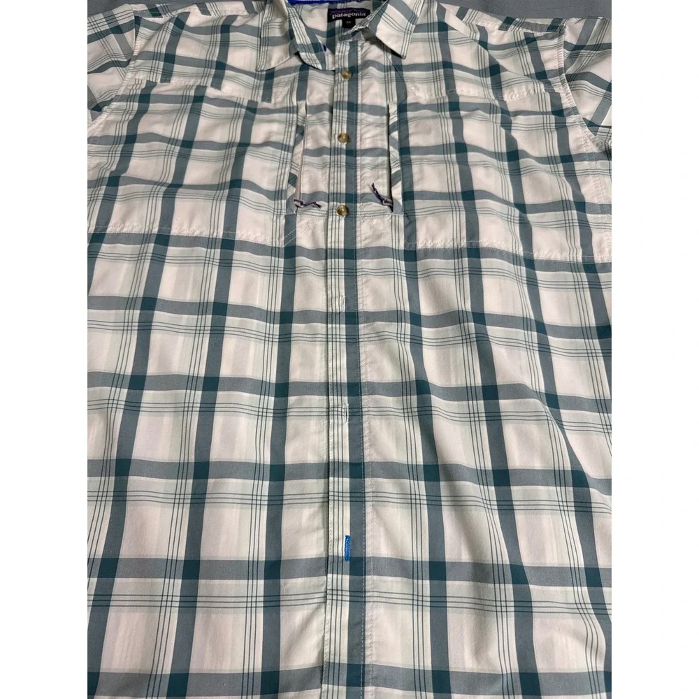 Patagonia Mens XXL Plaid Short Sleeve‎ Button Up Shirt Teal White Zipper Pockets
